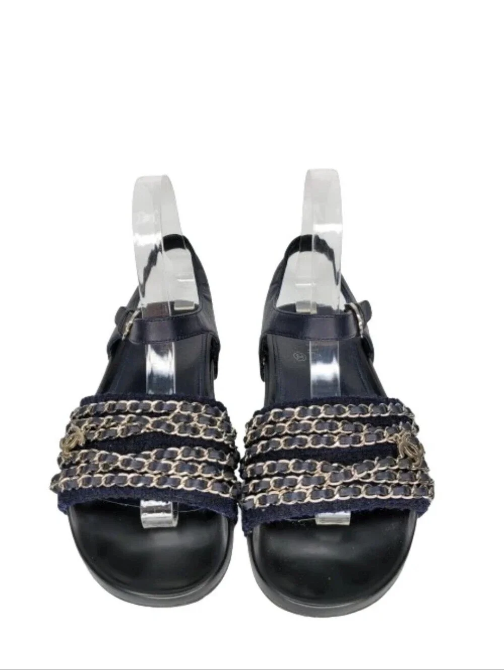 Chanel Tweed & Leather Silver Chain Dad Sandals